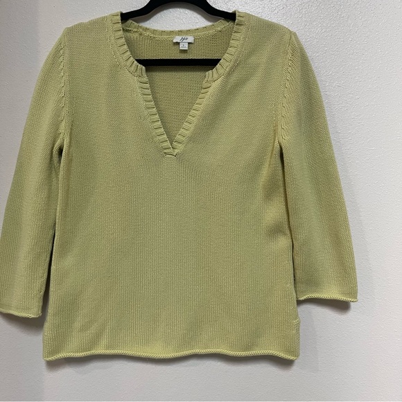 J Jill V Neck Yellow 100% Cotton 3/4 Sleeve Pullover Sweater Size Large - Picture 1 of 6